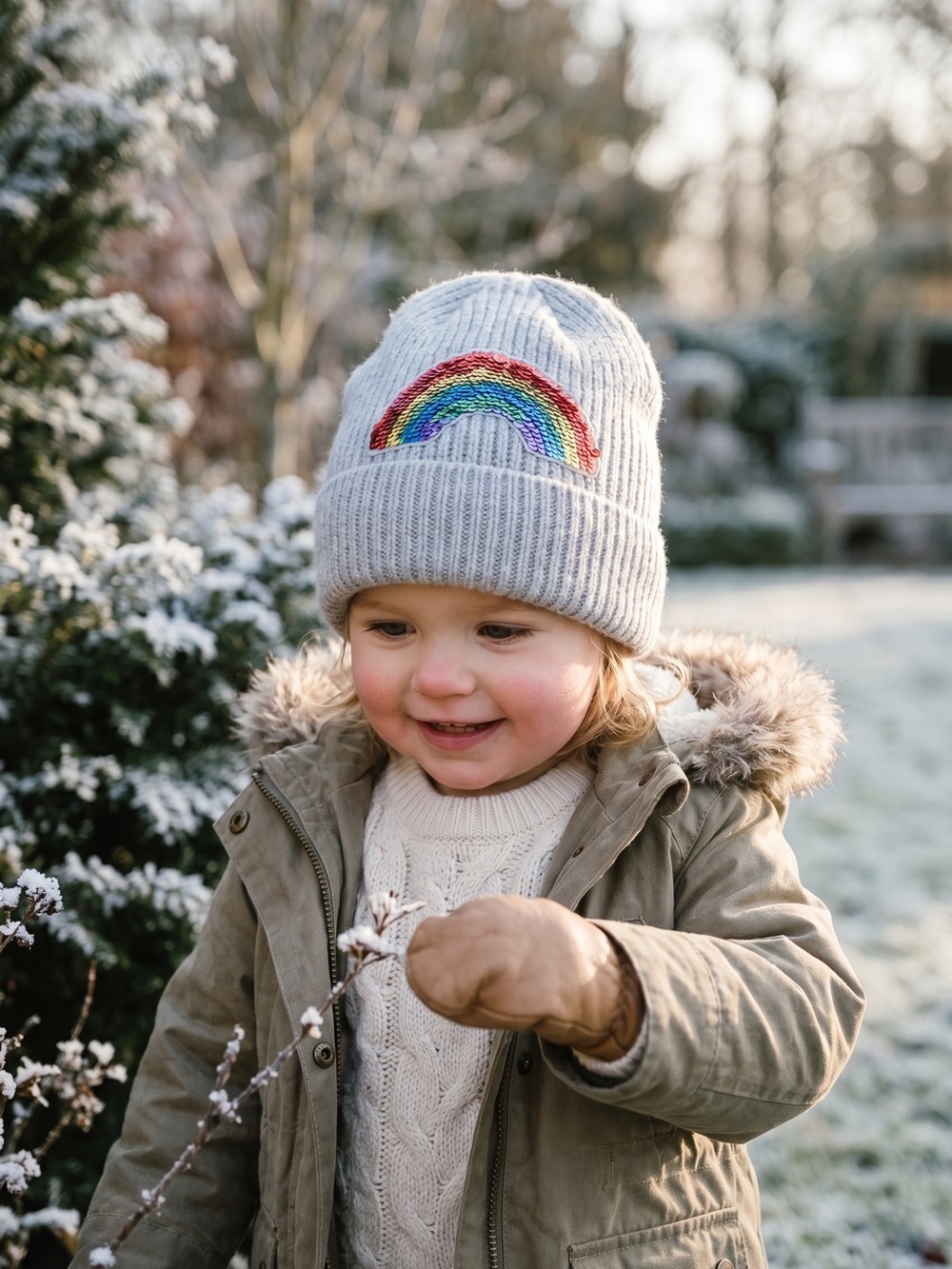 Zara Kids Light Grey Beanie with Rainbow Sequence
